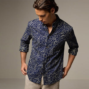 Blue 100% Cotton Textured Print Long Sleeve Shirt