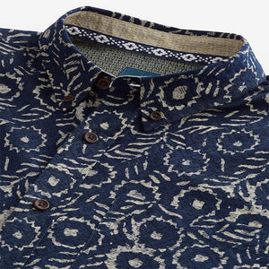 Blue 100% Cotton Textured Print Long Sleeve Shirt