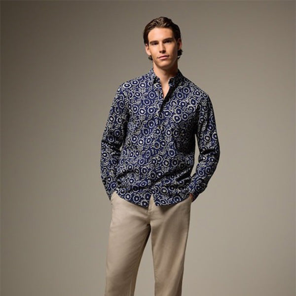 Blue 100% Cotton Textured Print Long Sleeve Shirt