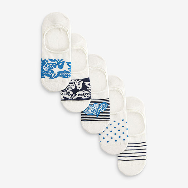 White/Blue Floral Low Cut Invisible Socks 5 Pack