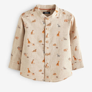 Neutral Long Sleeve Safari Print Grandad Shirt (3mths-5-6yrs)