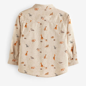 Neutral Long Sleeve Safari Print Grandad Shirt (3mths-5-6yrs)