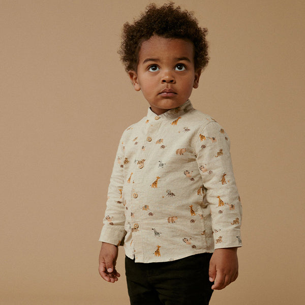 Neutral Long Sleeve Safari Print Grandad Shirt (3mths-5-6yrs)