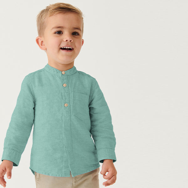 Green Grandad Collar Linen Mix Shirt (3mths-5-6yrs)