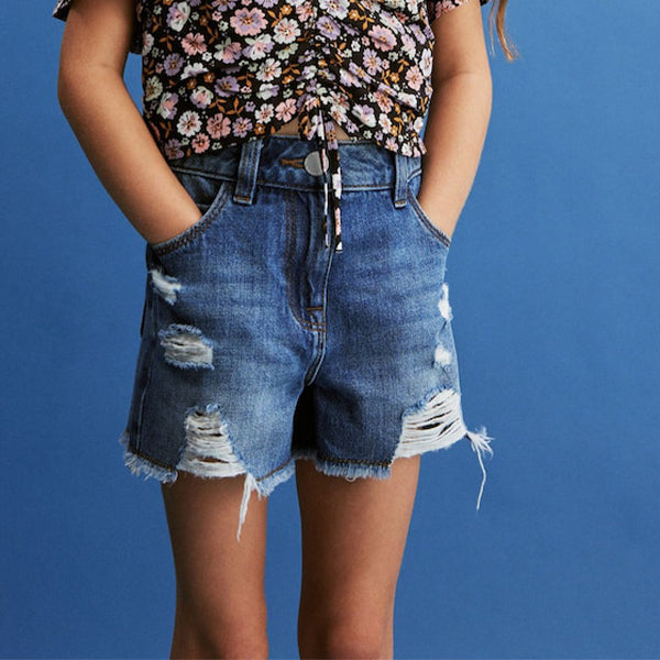 Mid Blue 100% Cotton Frayed Edge Distressed Shorts (3-12yrs)