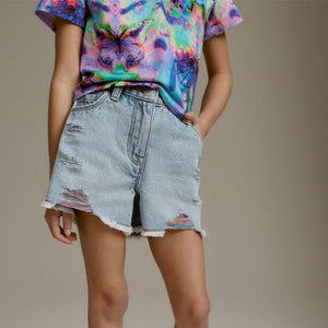 Mid Blue Rainbow Frayed Edge Distressed Shorts (3-12yrs)