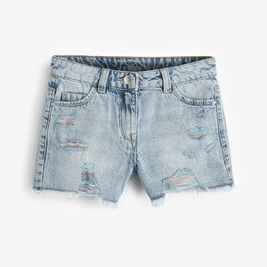 Mid Blue Rainbow Frayed Edge Distressed Shorts (3-12yrs)