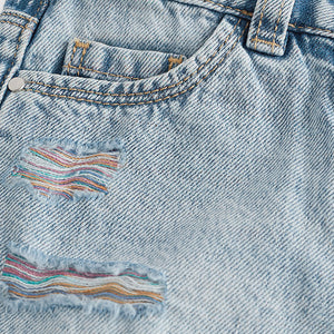 Mid Blue Rainbow Frayed Edge Distressed Shorts (3-12yrs)