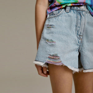 Mid Blue Rainbow Frayed Edge Distressed Shorts (3-12yrs)