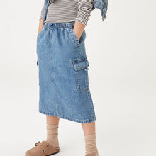 Load image into Gallery viewer, Mid Blue Midi Cargo Denim Skirt (3-12yrs)
