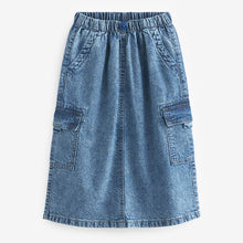 Load image into Gallery viewer, Mid Blue Midi Cargo Denim Skirt (3-12yrs)
