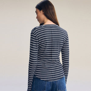 Ecru White/Navy Blue Ribbed Button Detail Long Sleeve Henley Top