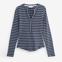 Load image into Gallery viewer, Ecru White/Navy Blue Ribbed Button Detail Long Sleeve Henley Top
