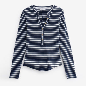 Ecru White/Navy Blue Ribbed Button Detail Long Sleeve Henley Top