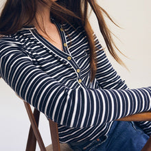 Load image into Gallery viewer, Ecru White/Navy Blue Ribbed Button Detail Long Sleeve Henley Top
