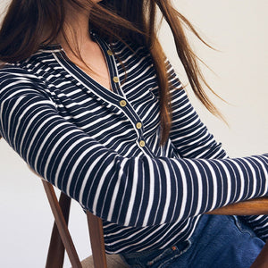 Ecru White/Navy Blue Ribbed Button Detail Long Sleeve Henley Top