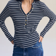 Load image into Gallery viewer, Ecru White/Navy Blue Ribbed Button Detail Long Sleeve Henley Top
