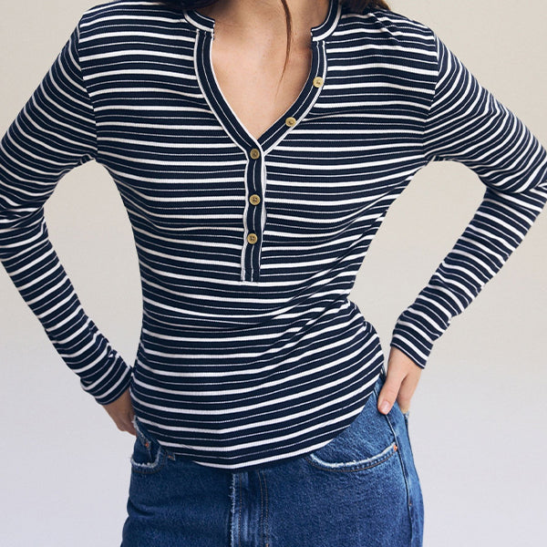 Ecru White/Navy Blue Ribbed Button Detail Long Sleeve Henley Top