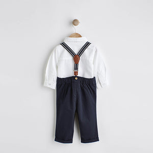 Navy Blue Baby 100% Cotton Shirt Trousers and Braces Set 4 Piece (0mths-18mths)