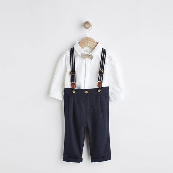 Navy Blue Baby 100% Cotton Shirt Trousers and Braces Set 4 Piece (0mths-18mths)