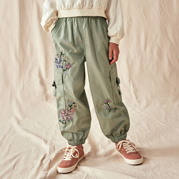 Khaki Green Embellished Parachute Cargo Trousers (3-12yrs)