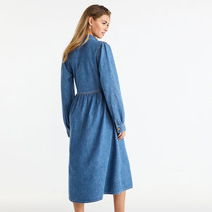 Mid Blue Denim Smock Midi Dress