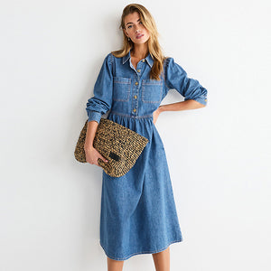 Mid Blue Denim Smock Midi Dress