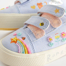 Load image into Gallery viewer, Blue Rainbow Standard Fit (F) Embellished Touch Fasten Strap Trainers
