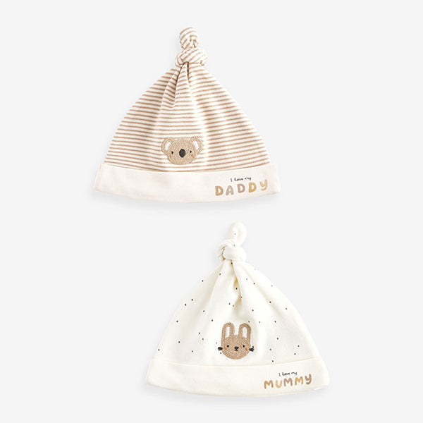 Neutral Mummy / Daddy Baby Tie Top 100% Cotton Hats 2 Packs (0-6mths)