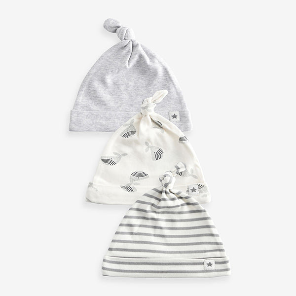 Grey Whale Baby 100% Cotton Tie Top Hats 3 Pack (0-6mths)