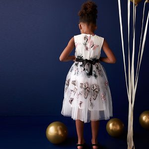 Butterfly Embroidered Mesh Tie Back Party Dress (3-10yrs)