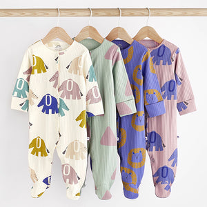 Blue Elephant Print Baby Sleepsuit 4 Pack (0mths-12-18mt)