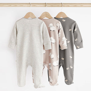 Grey Sheep Baby Delicate Appliqué 100% Cotton Sleepsuits 3 Pack (0-12-18mt)