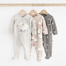 Load image into Gallery viewer, Grey Sheep Baby Delicate Appliqué 100% Cotton Sleepsuits 3 Pack (0-12-18mt)
