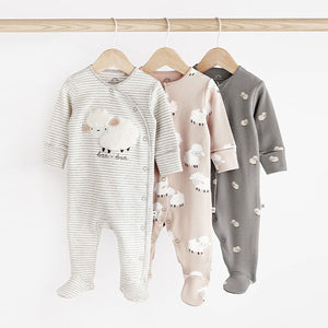 Grey Sheep Baby Delicate Appliqué 100% Cotton Sleepsuits 3 Pack (0-12-18mt)