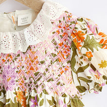 Load image into Gallery viewer, Orange/ Purple Floral Baby Collared Bloomer Romper (0mths-12-18mt)
