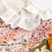 Load image into Gallery viewer, Orange/ Purple Floral Baby Collared Bloomer Romper (0mths-12-18mt)
