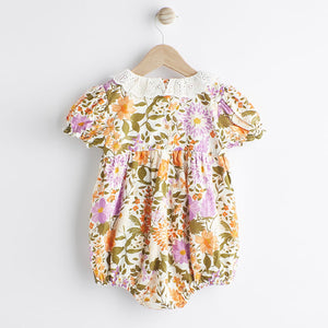 Orange/ Purple Floral Baby Collared Bloomer Romper (0mths-12-18mt)