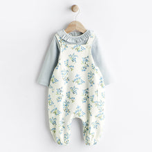 Load image into Gallery viewer, Blue Floral Jersey Baby Dungarees &amp; Bodysuit Set (0mths-9-12mt)
