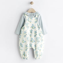 Load image into Gallery viewer, Blue Floral Jersey Baby Dungarees &amp; Bodysuit Set (0mths-9-12mt)
