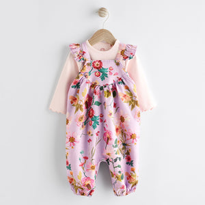 Purple Floral Baby Dungarees and Bodysuit Set (0mths-12-18mt)