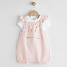 Load image into Gallery viewer, Pink Bunny Short Sleeve Short Leg Baby Dungarees (0mths-12-18mt)
