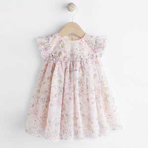 Pink Floral Baby Party Frill Sleeve Dress (0mths-12-18mt)