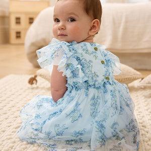 Blue Floral Baby Party Frill Sleeve Dress (0mths-12-18mt)