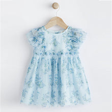 Load image into Gallery viewer, Blue Floral Baby Party Frill Sleeve Dress (0mths-12-18mt)
