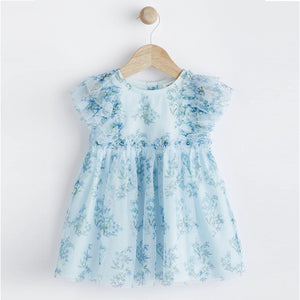 Blue Floral Baby Party Frill Sleeve Dress (0mths-12-18mt)