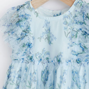 Blue Floral Baby Party Frill Sleeve Dress (0mths-12-18mt)