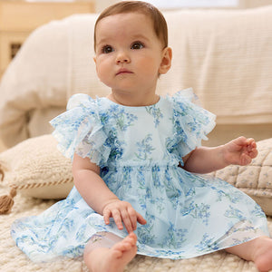 Blue Floral Baby Party Frill Sleeve Dress (0mths-12-18mt)