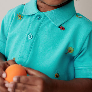 Blue All Over 100% Cotton Embroidered Short Sleeve Polo Shirt (3mths-5-6yrs)