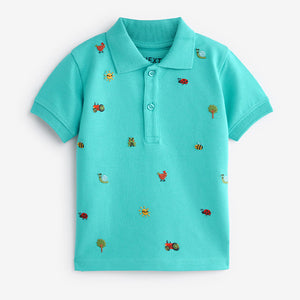 Blue All Over 100% Cotton Embroidered Short Sleeve Polo Shirt (3mths-5-6yrs)